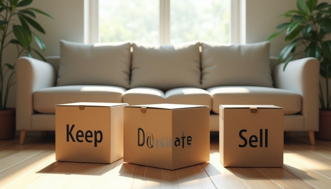 A single cardboard box on a wooden floor beside a donation bag, warm golden window light across a calm charcoal-toned room, fresh-start feeling β decluttering plans guide