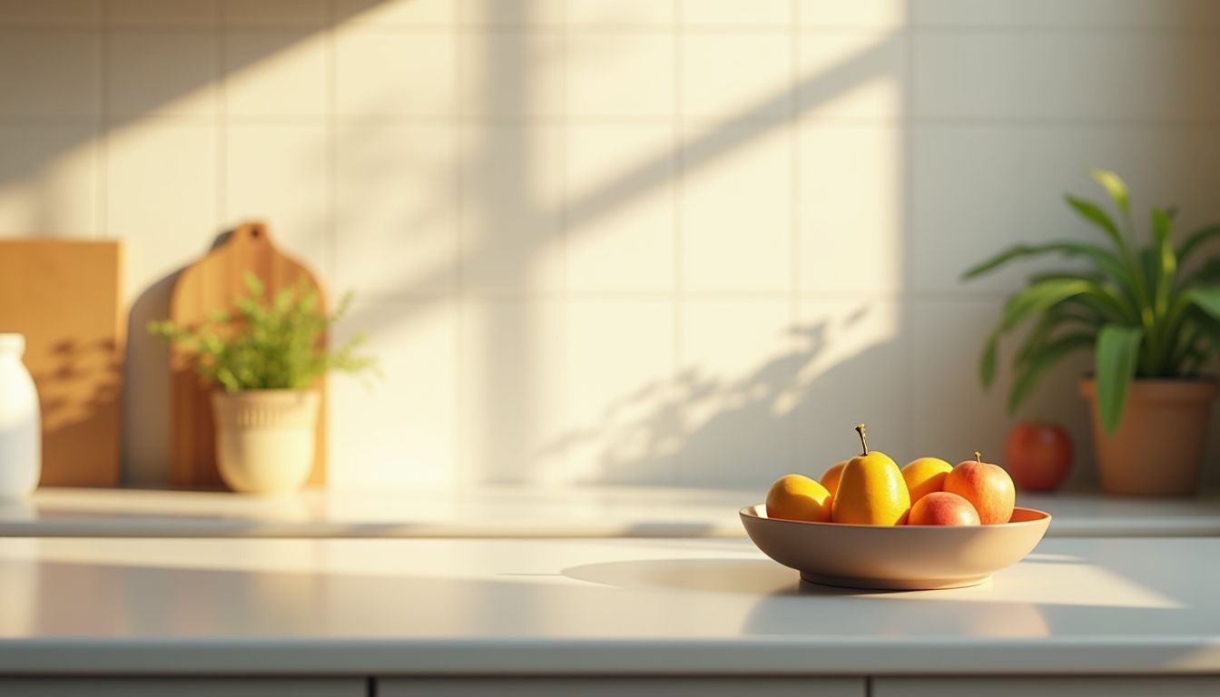 A tidy desk and an open pantry shelf with labelled clear containers under warm gold light, deep charcoal shadows, peaceful organised mood — keep it tidy systems guide