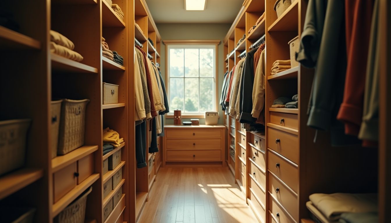 A neatly organised garage with labelled storage boxes on wall shelving along deep charcoal walls, warm golden evening light through the open door, calm ordered mood — rooms and storage guide